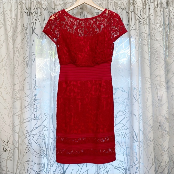 TADASHI SHOJI RED PLEATED BLOUSON WAIST SHEER EMBROIDERED LACE CAP SLEEVE DRESS - Picture 4 of 16